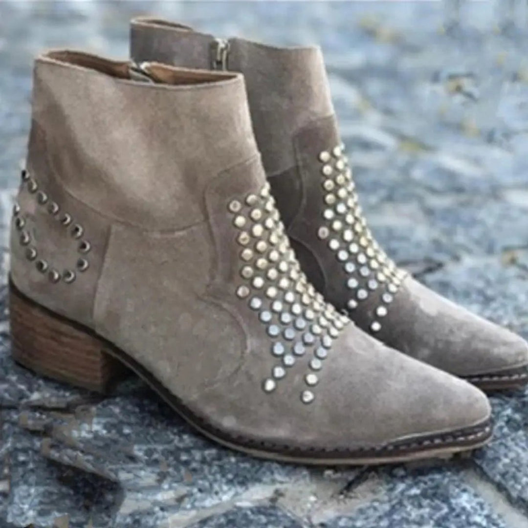 Studded Suede Pointed-Toe Block-Heel Ankle Boots