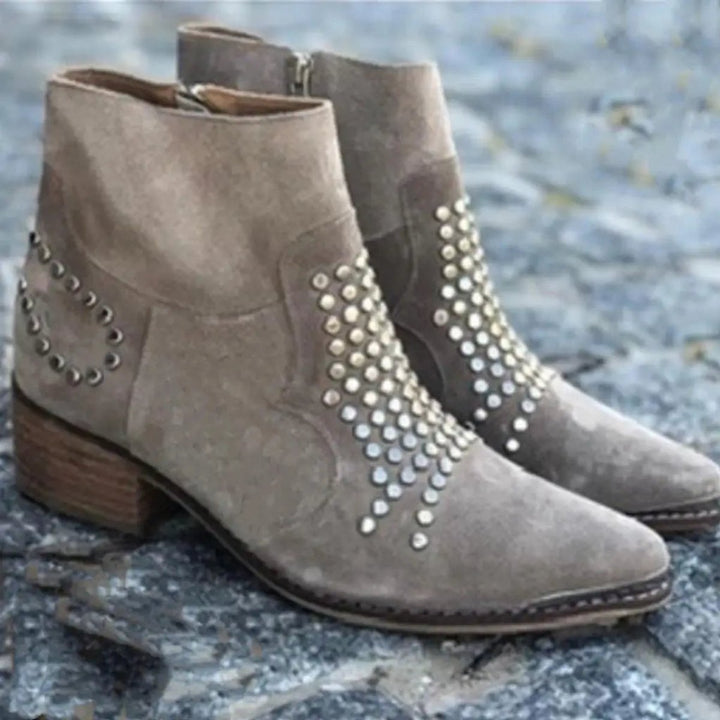 Studded Suede Pointed-Toe Block-Heel Ankle Boots