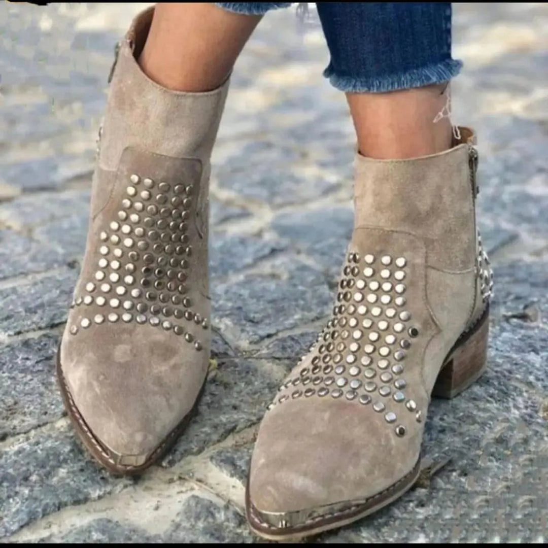 Studded Suede Pointed-Toe Block-Heel Ankle Boots