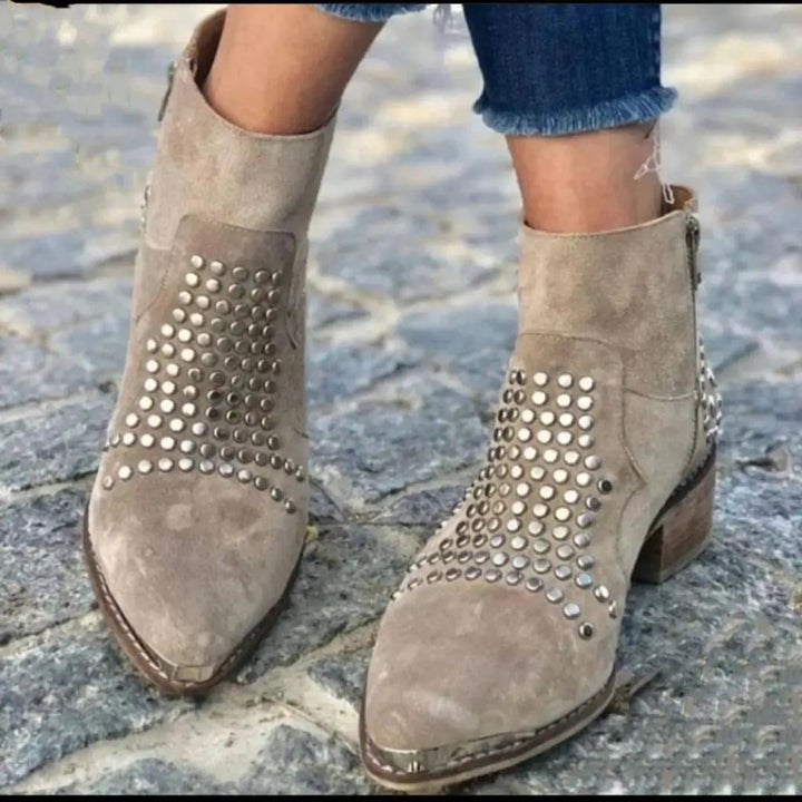 Studded Suede Pointed-Toe Block-Heel Ankle Boots