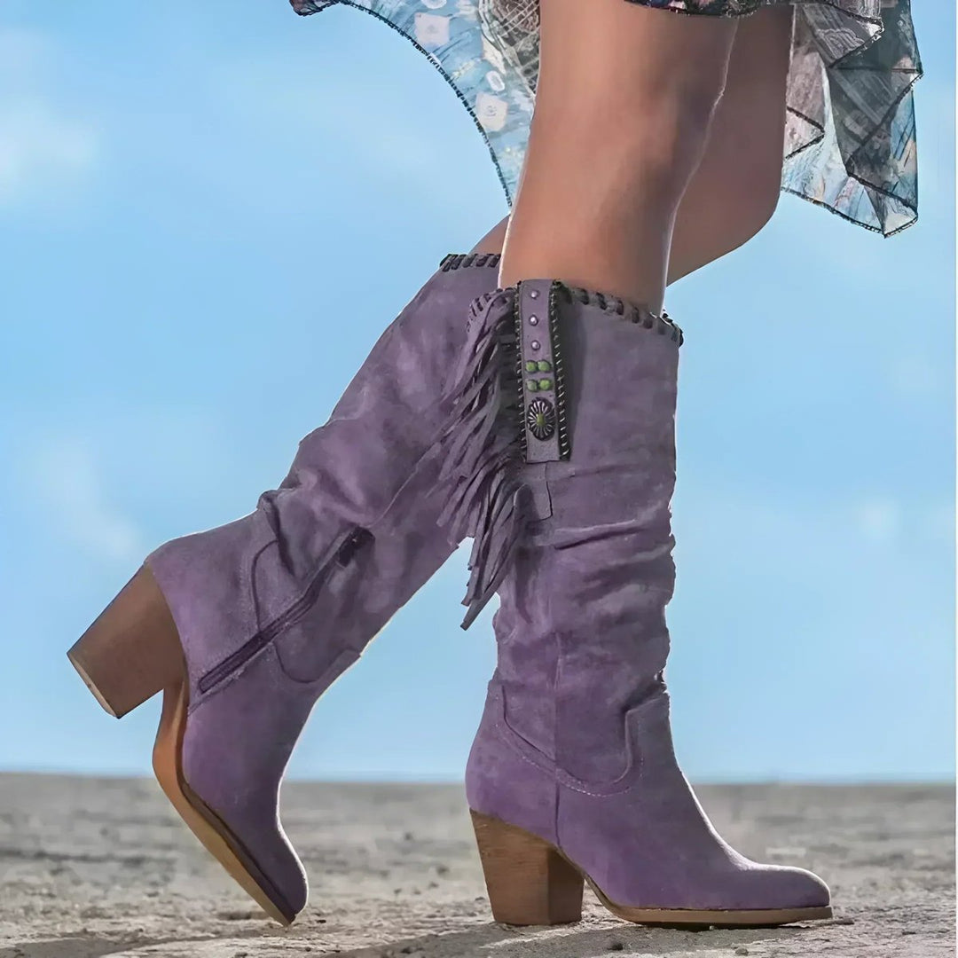 Suede Fringe Western Knee High Boots