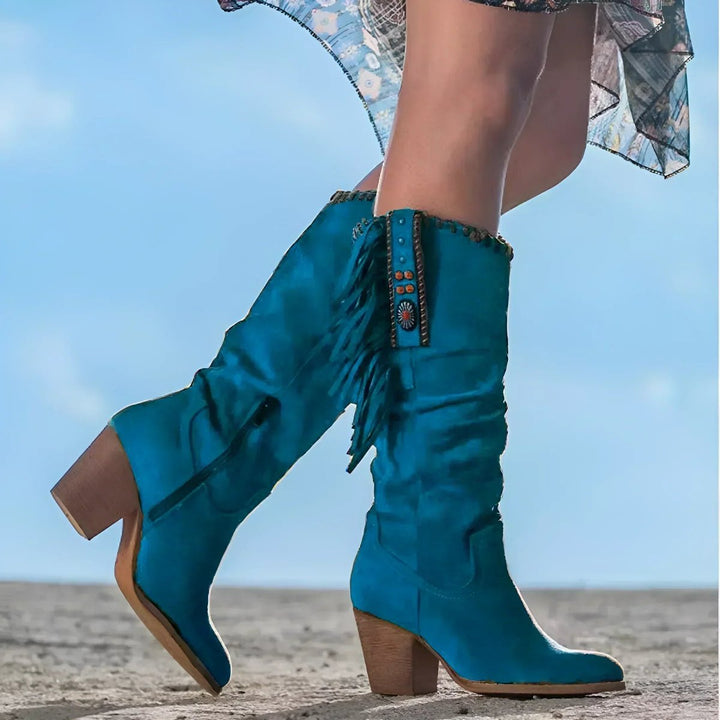 Suede Fringe Western Knee High Boots