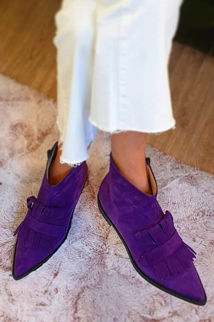 Suede Pointed-Toe Tassel Ankle Boots