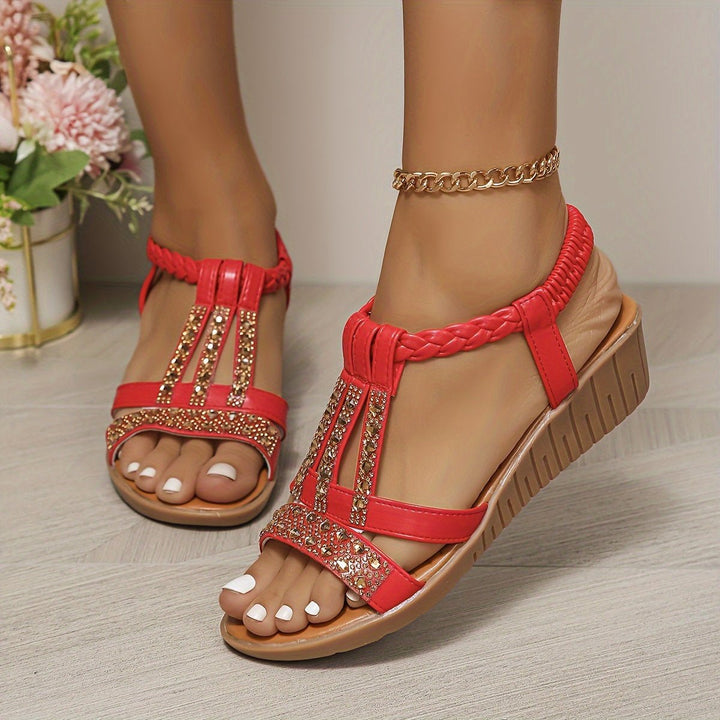 T-Strap Wedge Sandals with Metallic Embellishments