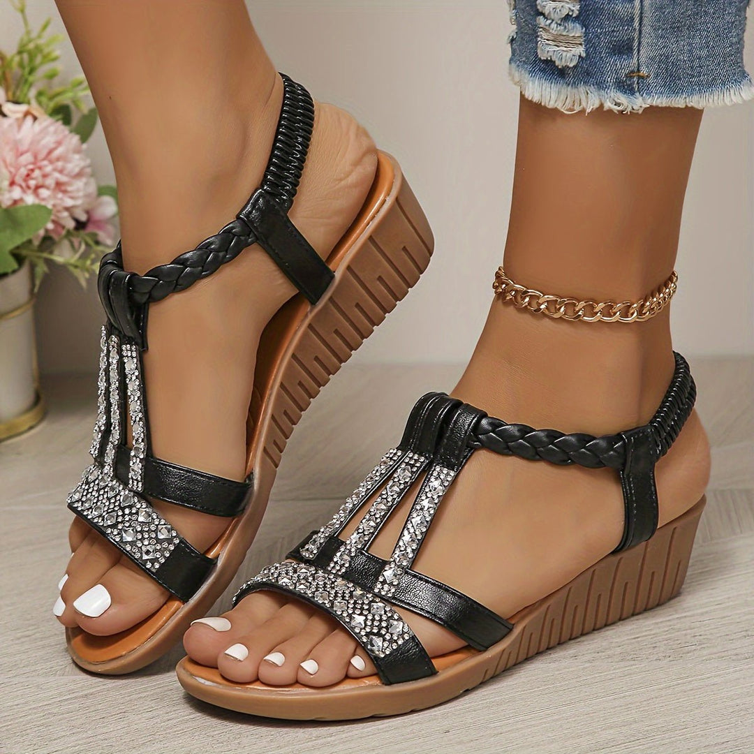 T-Strap Wedge Sandals with Metallic Embellishments