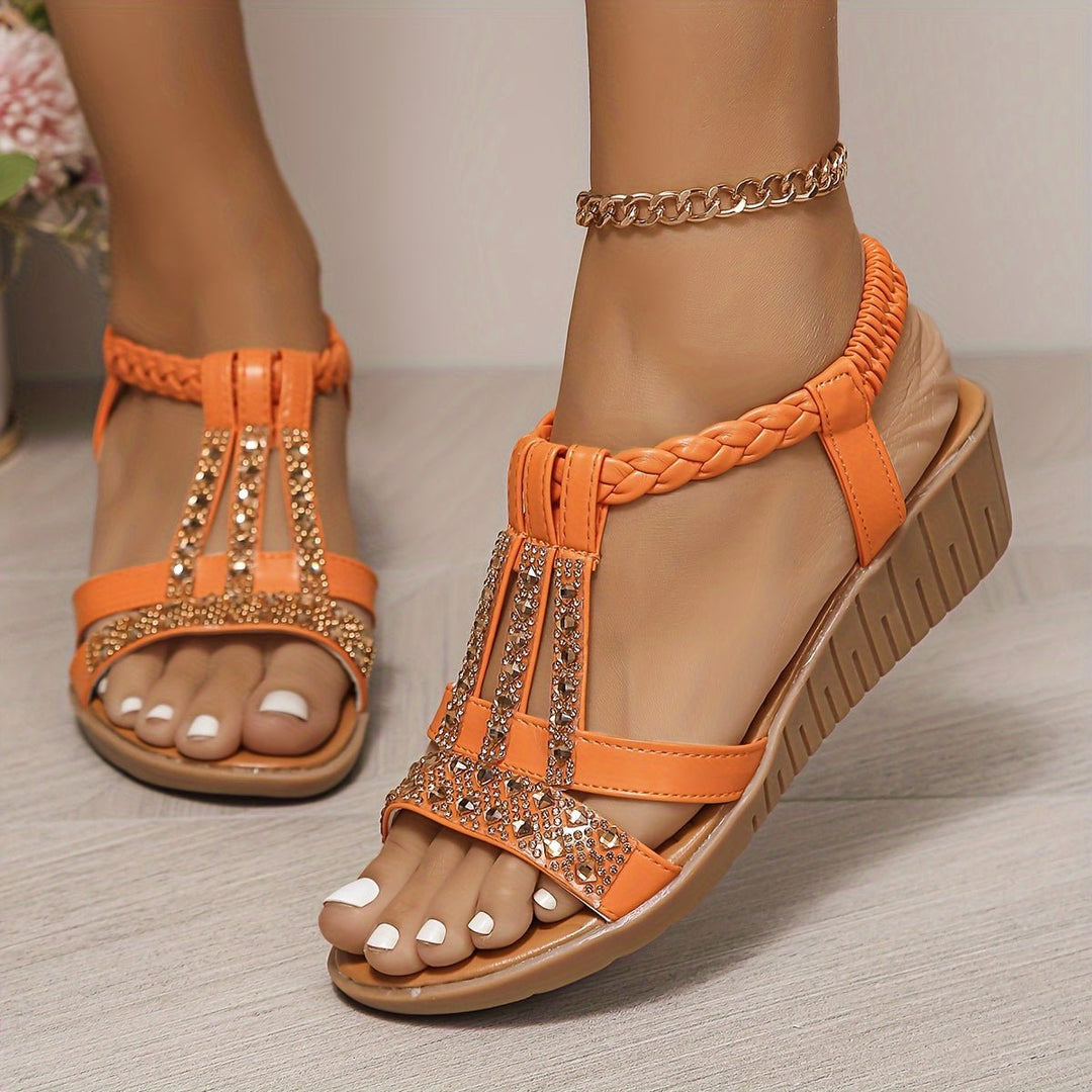 T-Strap Wedge Sandals with Metallic Embellishments