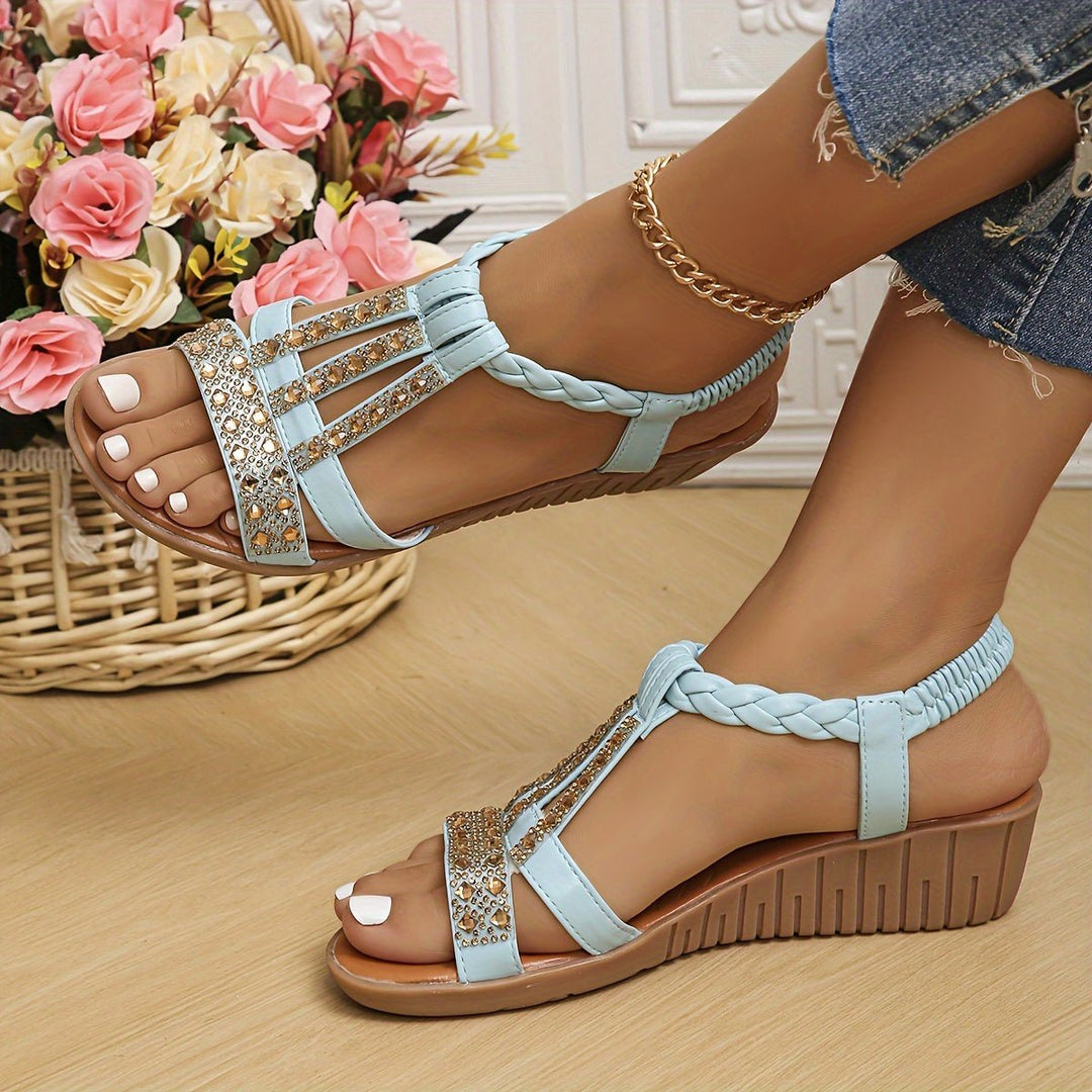 T-Strap Wedge Sandals with Metallic Embellishments