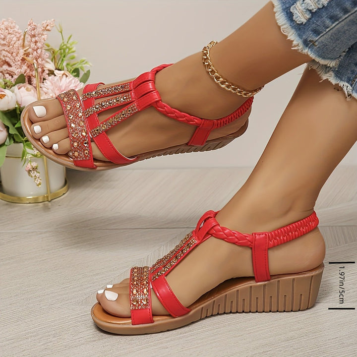 T-Strap Wedge Sandals with Metallic Embellishments
