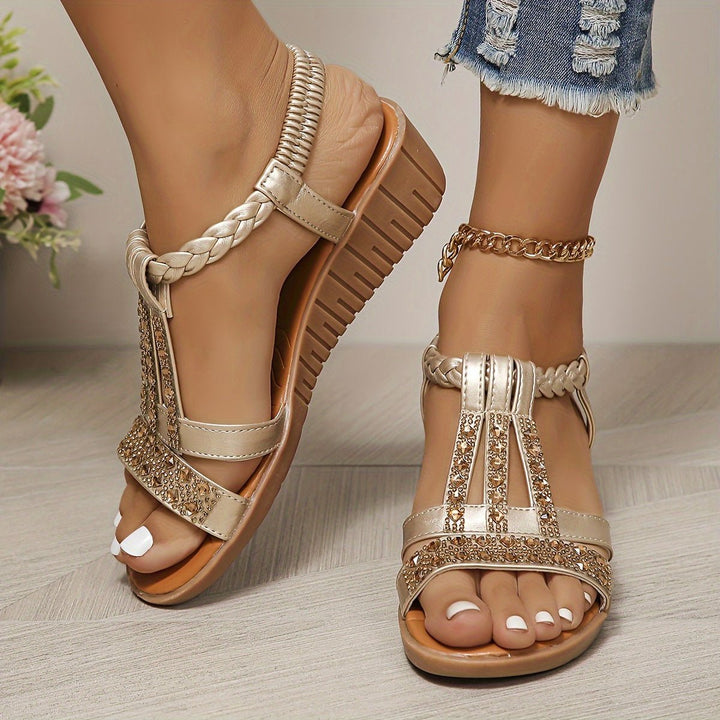 T-Strap Wedge Sandals with Metallic Embellishments
