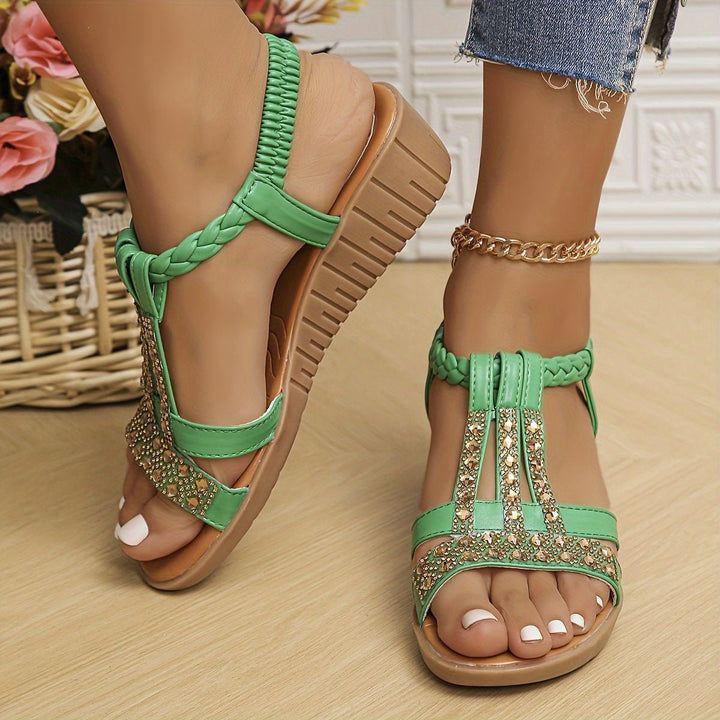 T-Strap Wedge Sandals with Metallic Embellishments