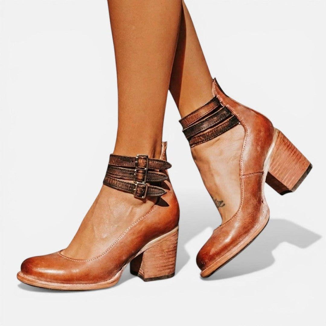 Tan Leather Block Heel Ankle Boots with Buckles