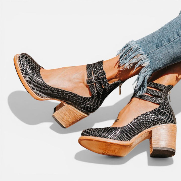 Tan Leather Block Heel Ankle Boots with Buckles