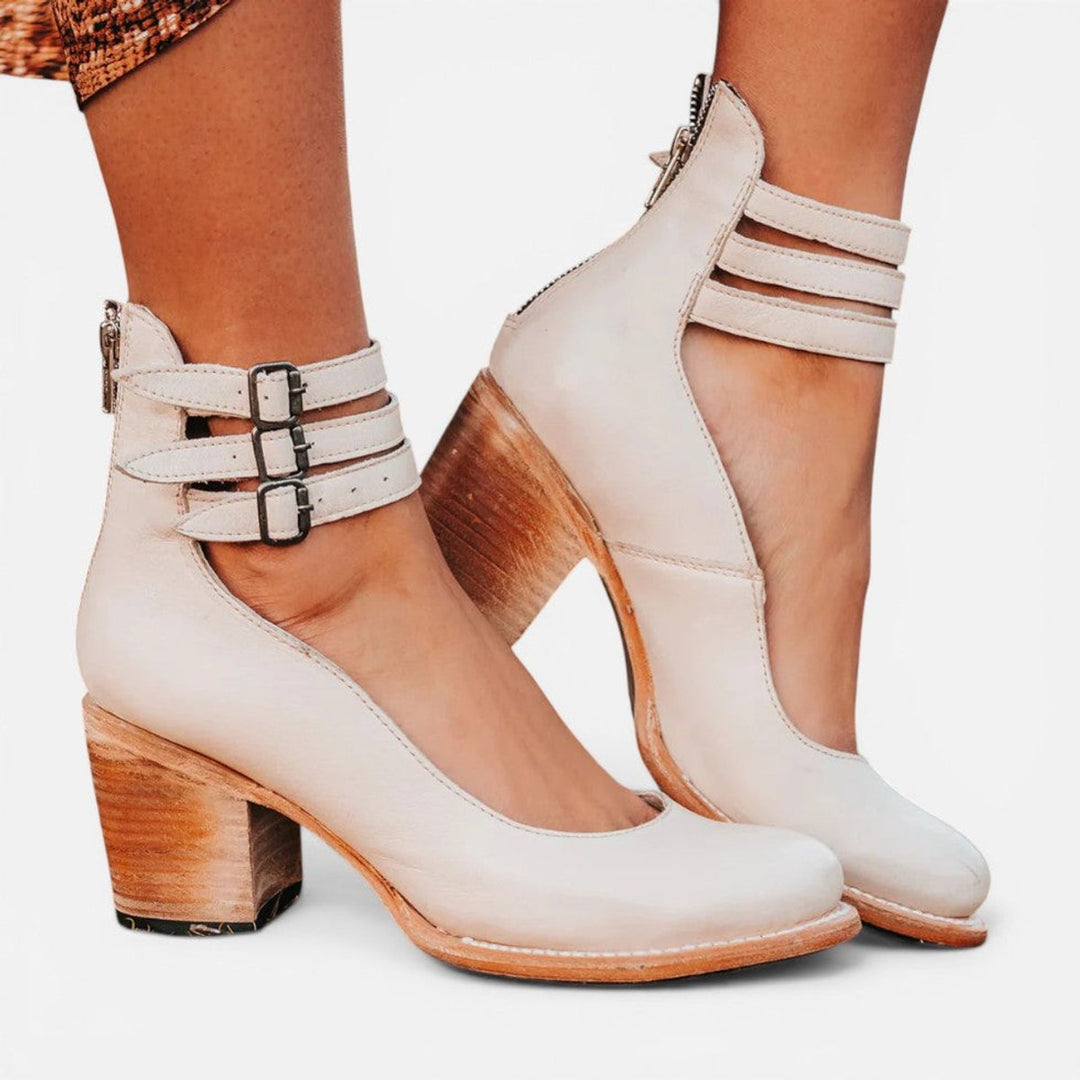 Tan Leather Block Heel Ankle Boots with Buckles