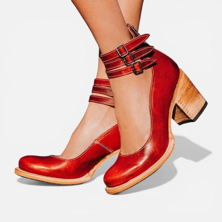 Tan Leather Block Heel Ankle Boots with Buckles
