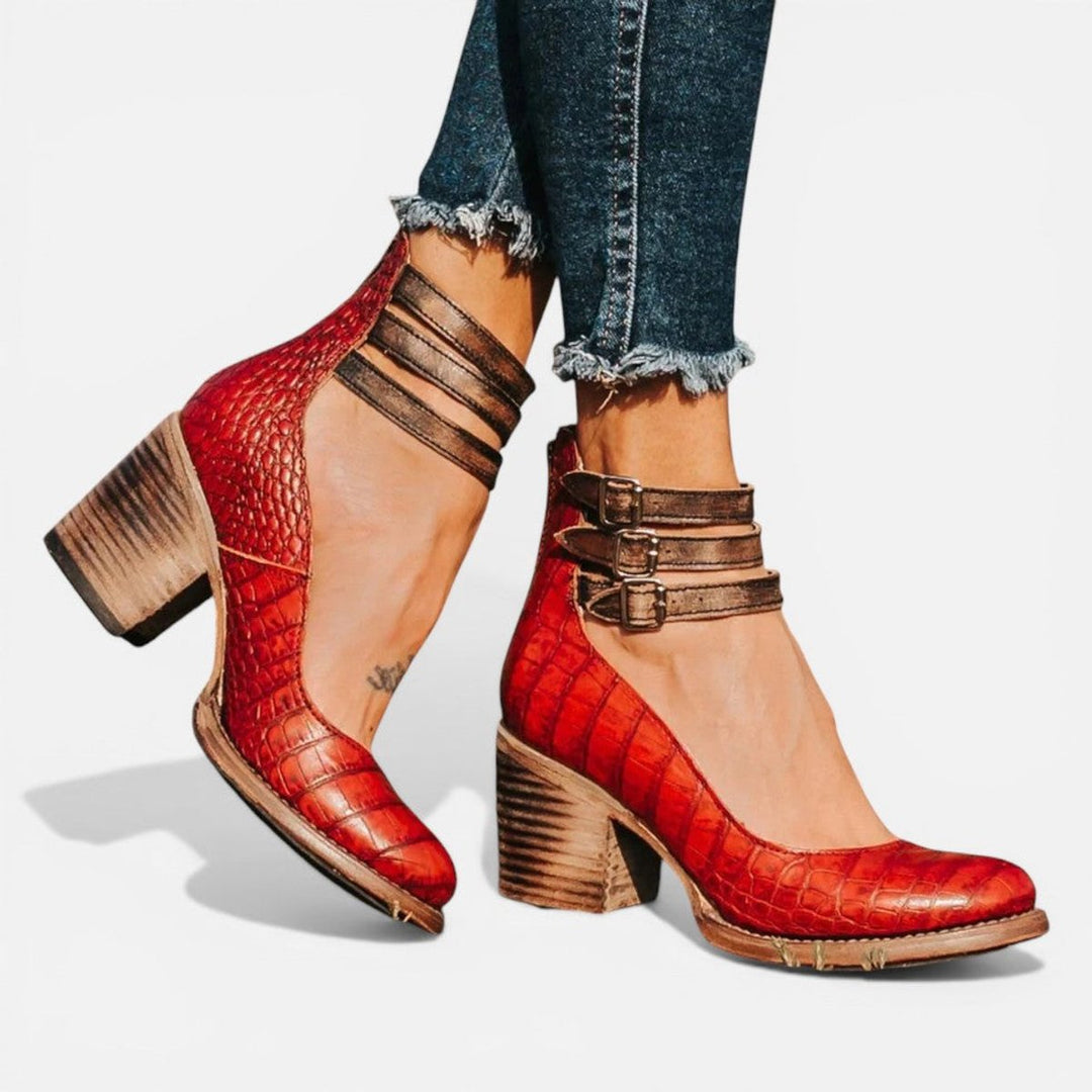 Tan Leather Block Heel Ankle Boots with Buckles
