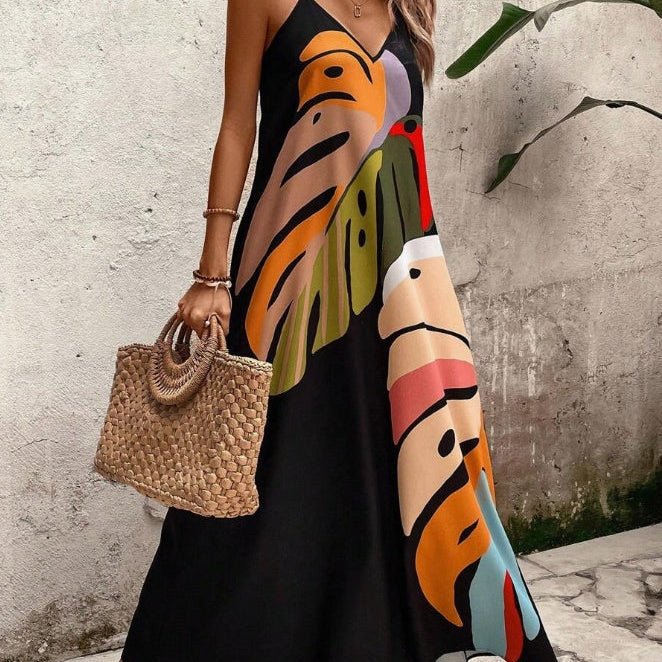 Tropical Leaf Print Sleeveless Maxi Dress
