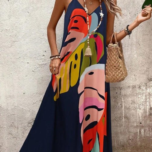 Tropical Leaf Print Sleeveless Maxi Dress