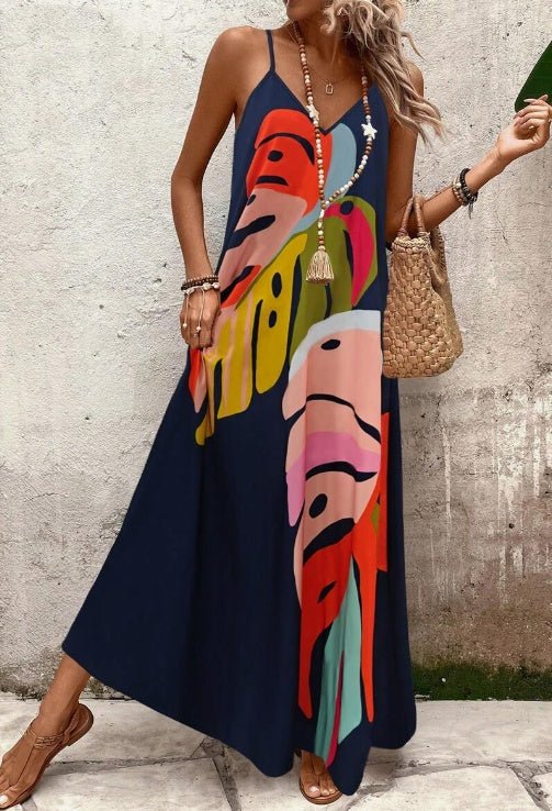 Tropical Leaf Print Sleeveless Maxi Dress