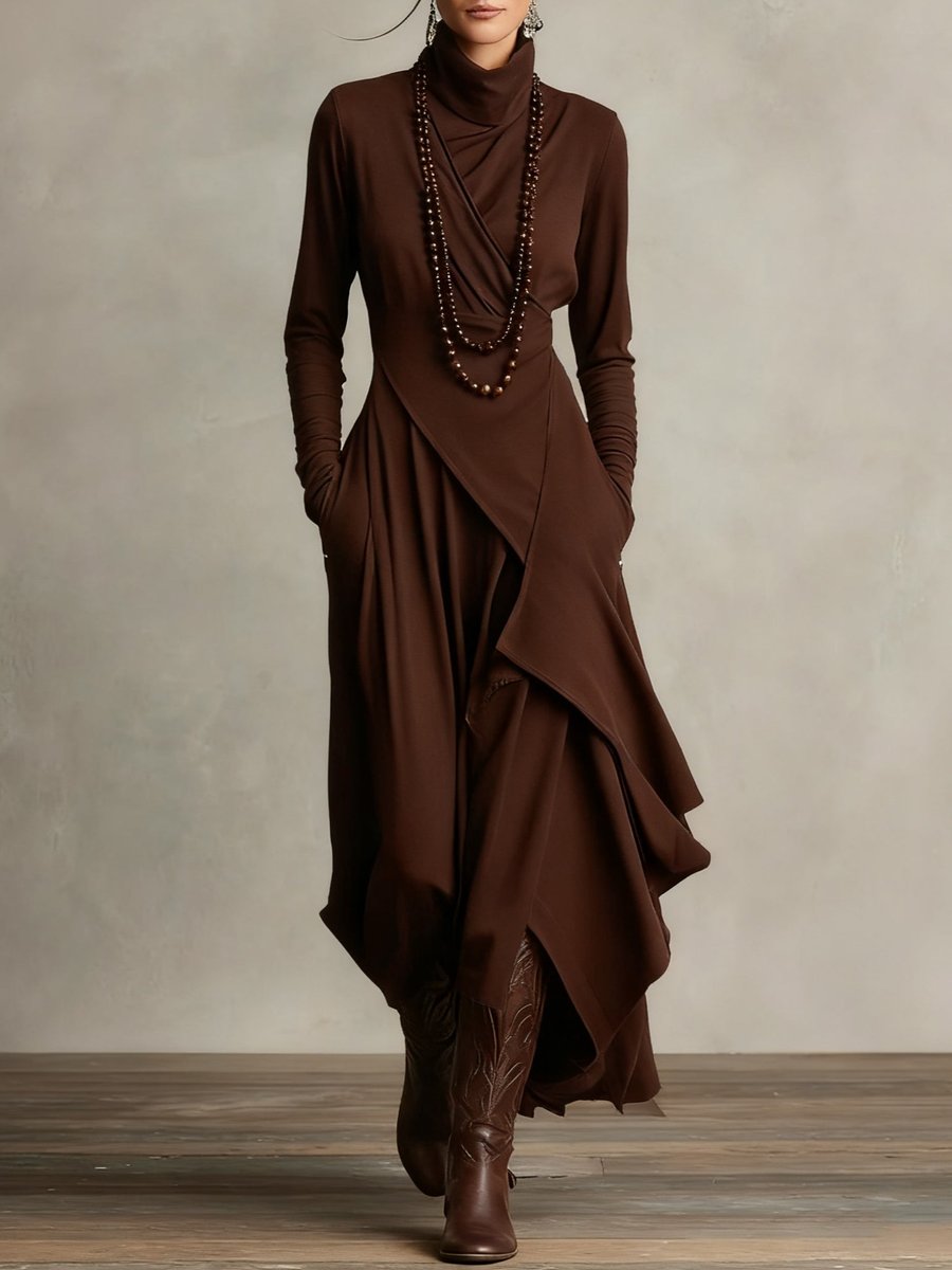 Asymmetric Turtleneck Maxi Dress