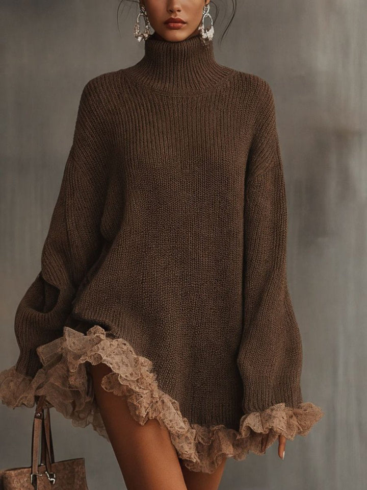 Turtleneck Knit Mini Dress with Lace Hem