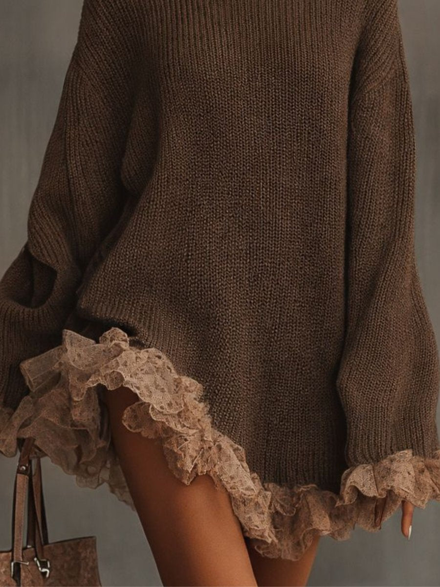 Turtleneck Knit Mini Dress with Lace Hem