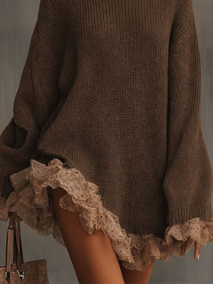 Turtleneck Knit Mini Dress with Lace Hem