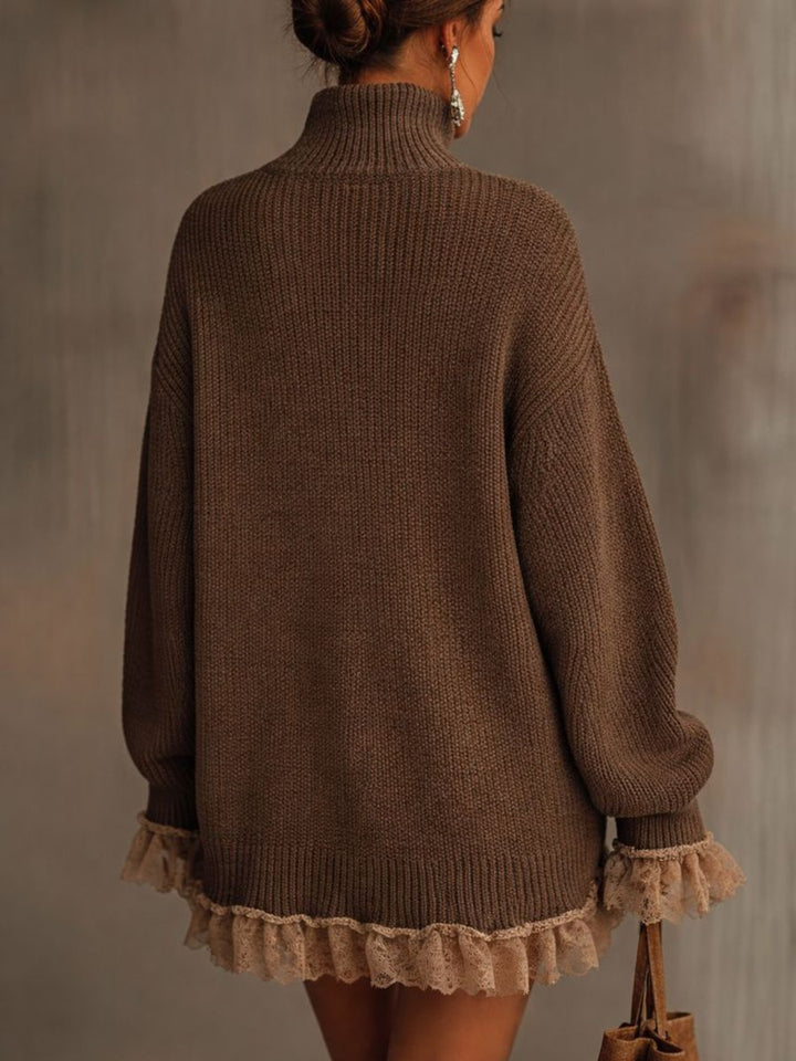 Turtleneck Knit Mini Dress with Lace Hem