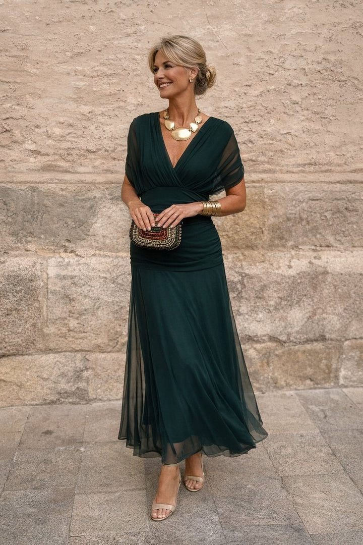 V-Neck Chiffon Maxi Dress with Pleated Waist