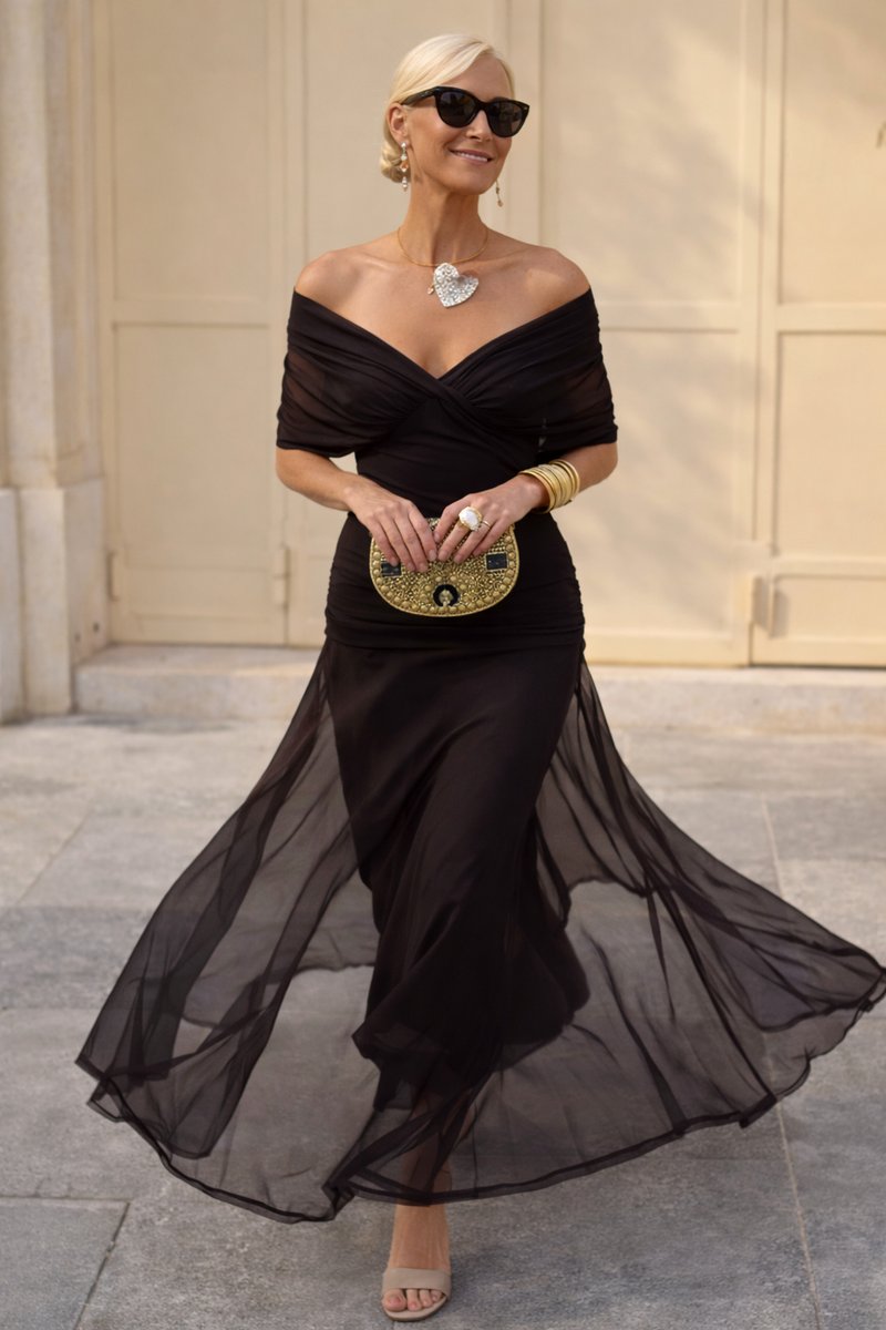 V-Neck Chiffon Maxi Dress with Pleated Waist