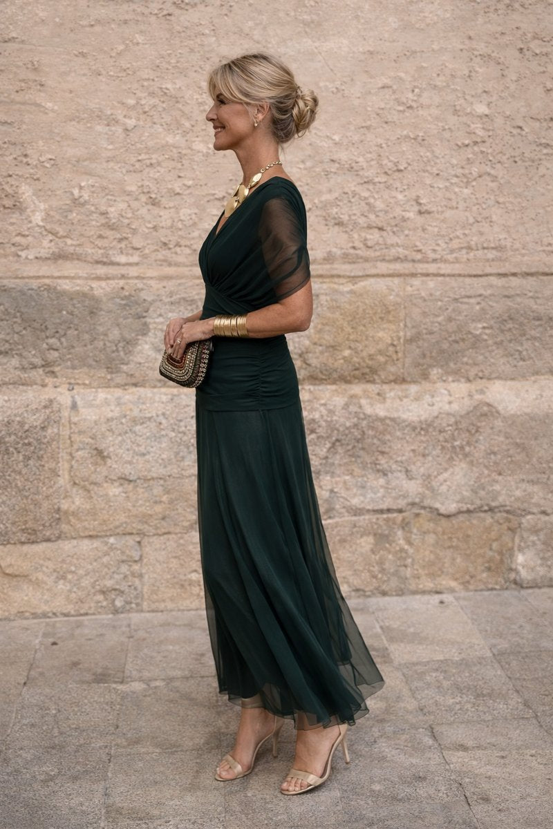 V-Neck Chiffon Maxi Dress with Pleated Waist