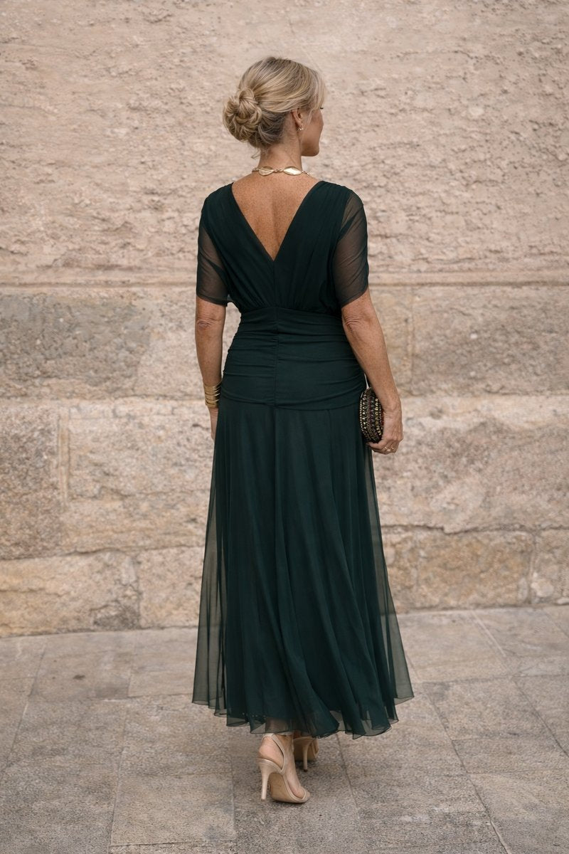 V-Neck Chiffon Maxi Dress with Pleated Waist