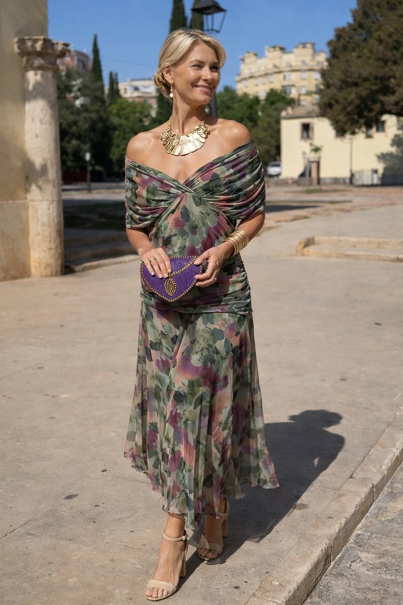 V-Neck Chiffon Maxi Dress with Pleated Waist
