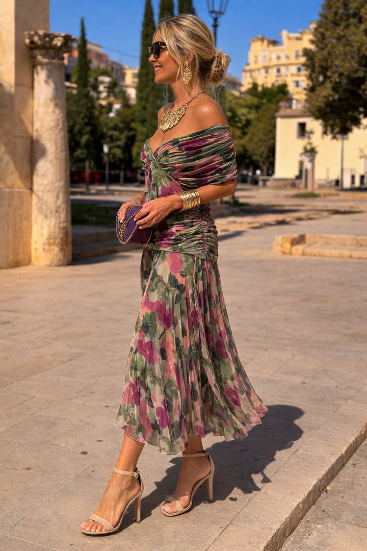 V-Neck Chiffon Maxi Dress with Pleated Waist