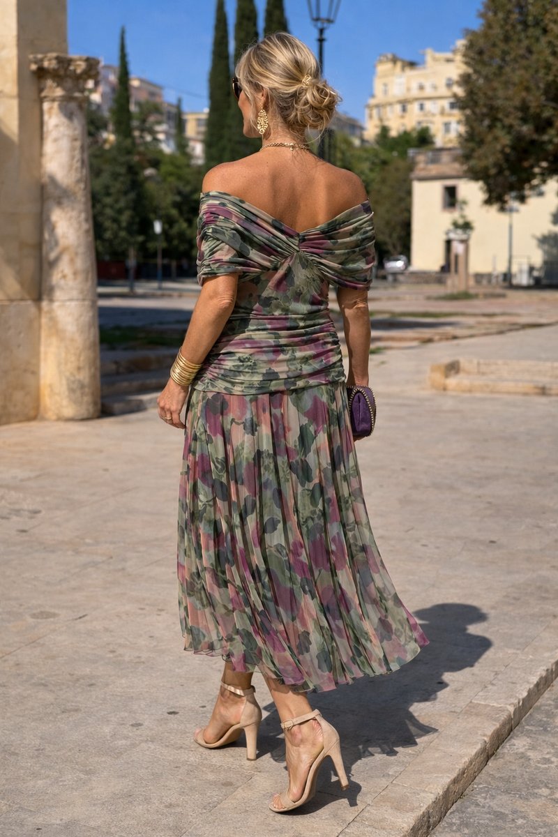 V-Neck Chiffon Maxi Dress with Pleated Waist