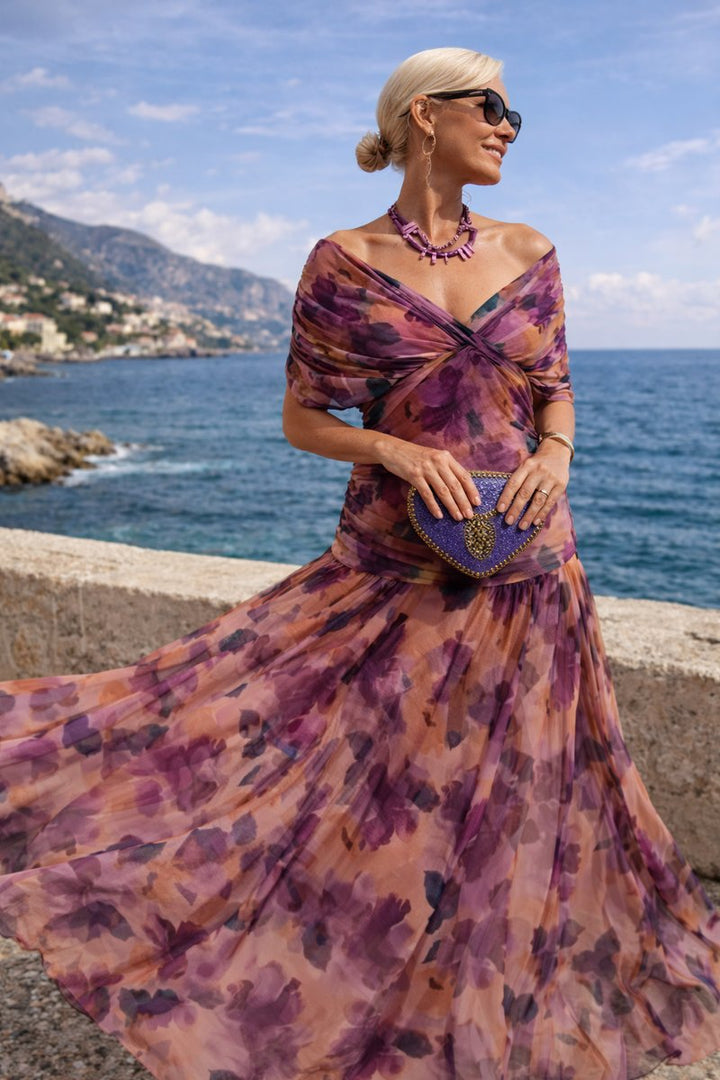V-Neck Chiffon Maxi Dress with Pleated Waist