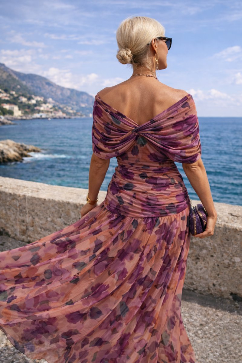 V-Neck Chiffon Maxi Dress with Pleated Waist