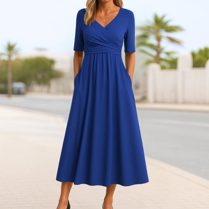 V-Neck Cross-Front Midi Dress