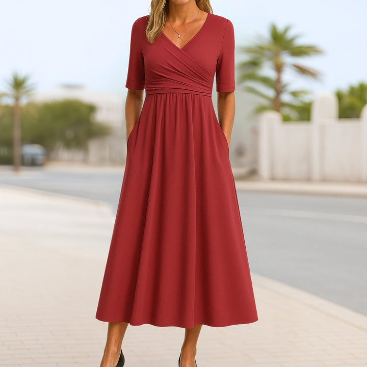 V-Neck Cross-Front Midi Dress
