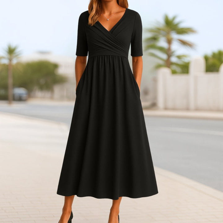 V-Neck Cross-Front Midi Dress