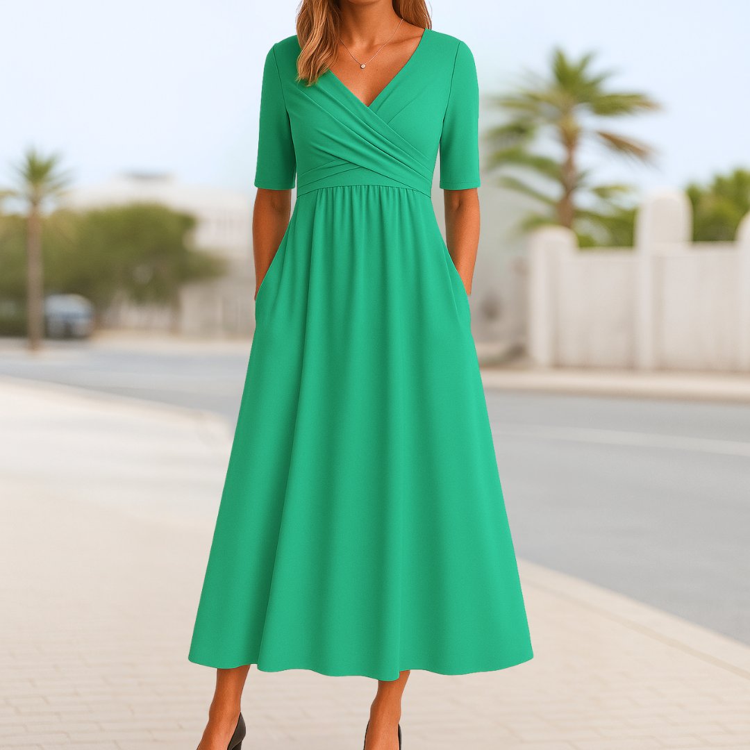 V-Neck Cross-Front Midi Dress