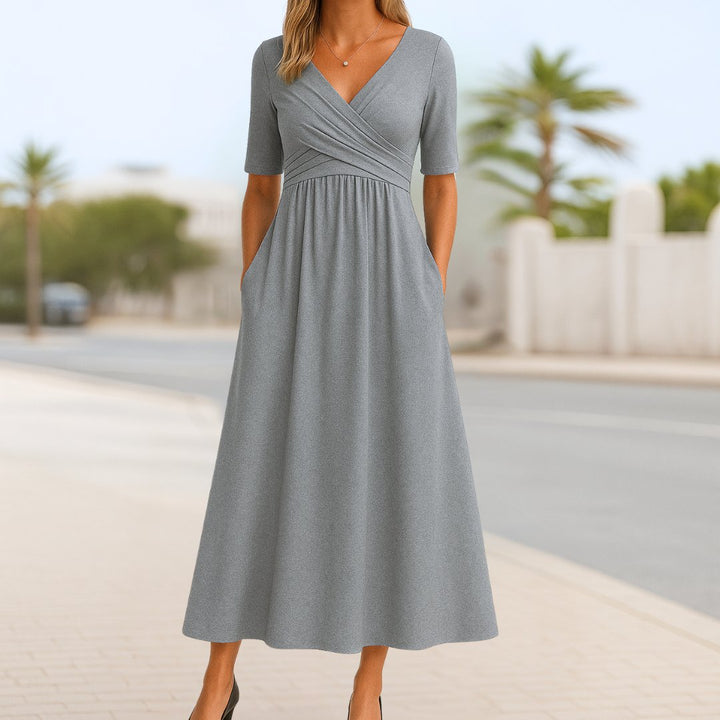 V-Neck Cross-Front Midi Dress