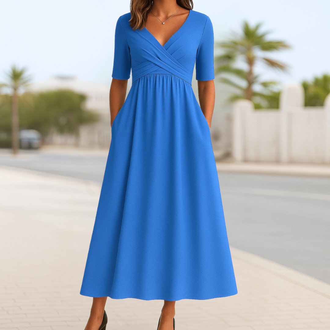 V-Neck Cross-Front Midi Dress