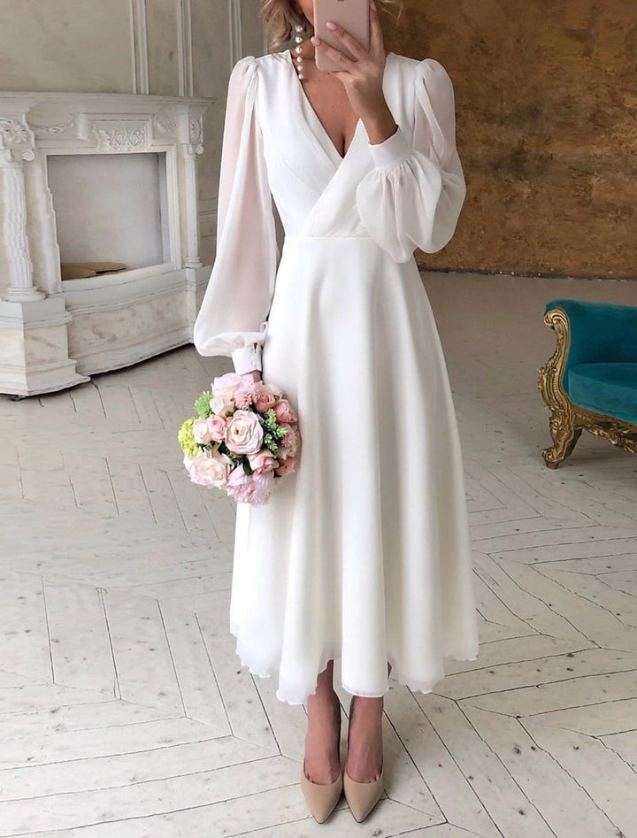 V-Neck Puff Sleeve Midi Dress