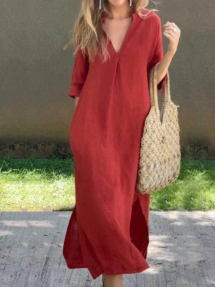 V-Neck Cotton Linen Maxi Dress