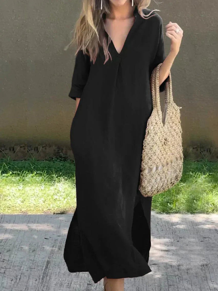 V-Neck Cotton Linen Maxi Dress