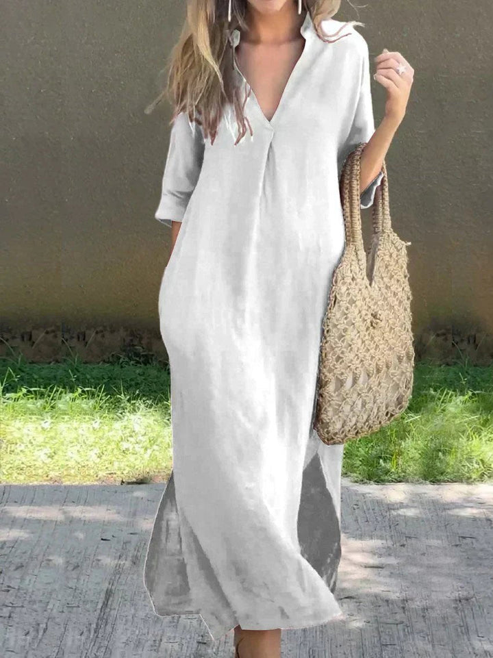 V-Neck Cotton Linen Maxi Dress