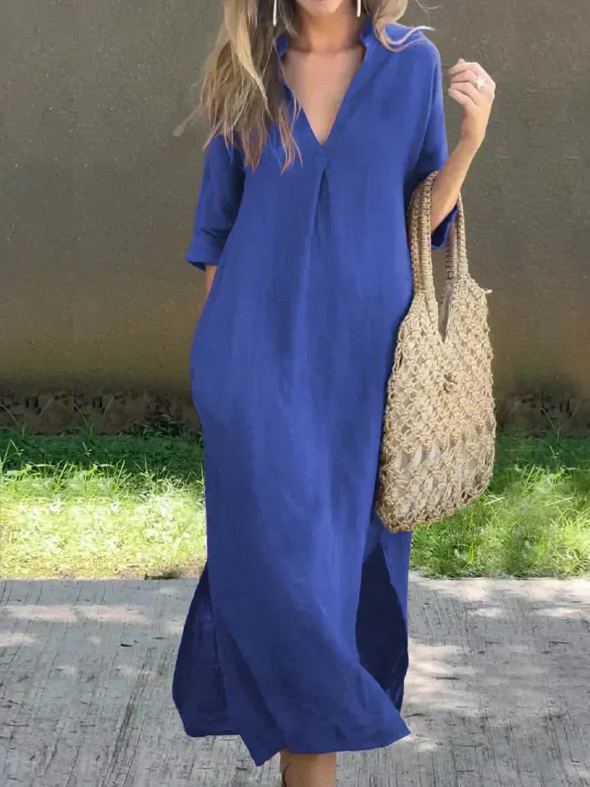 V-Neck Cotton Linen Maxi Dress