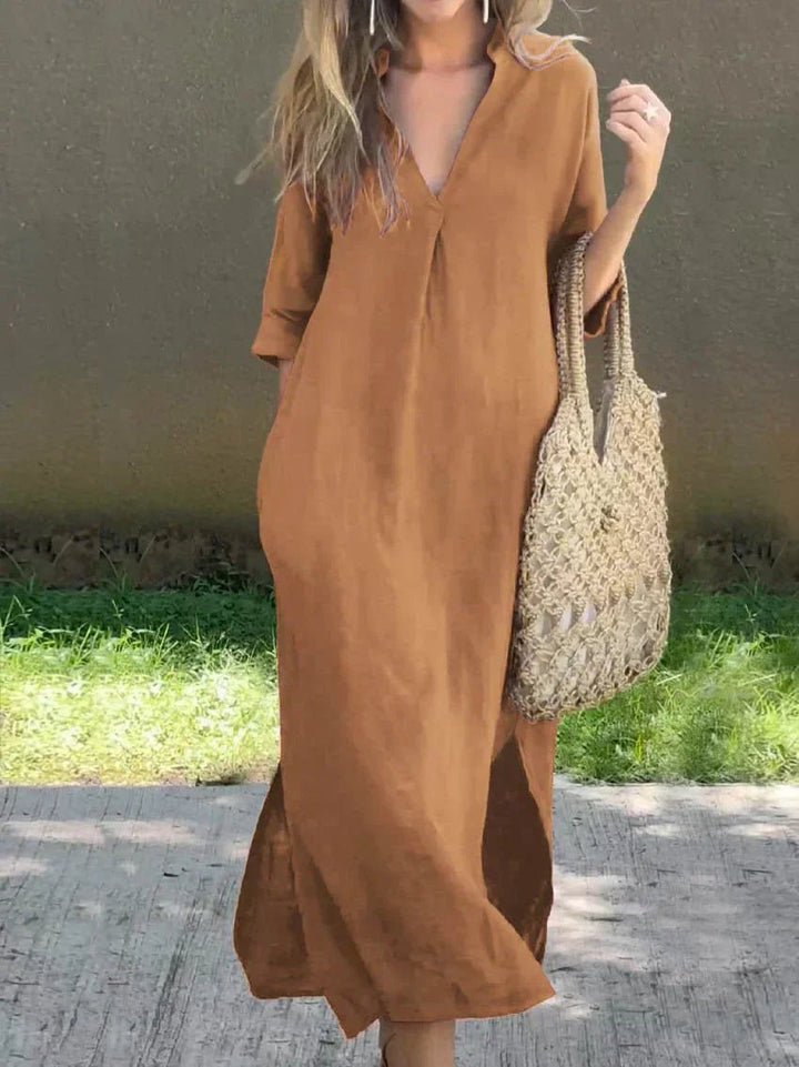 V-Neck Cotton Linen Maxi Dress