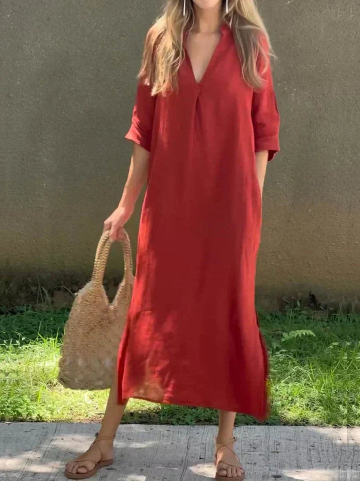 V-Neck Cotton Linen Maxi Dress
