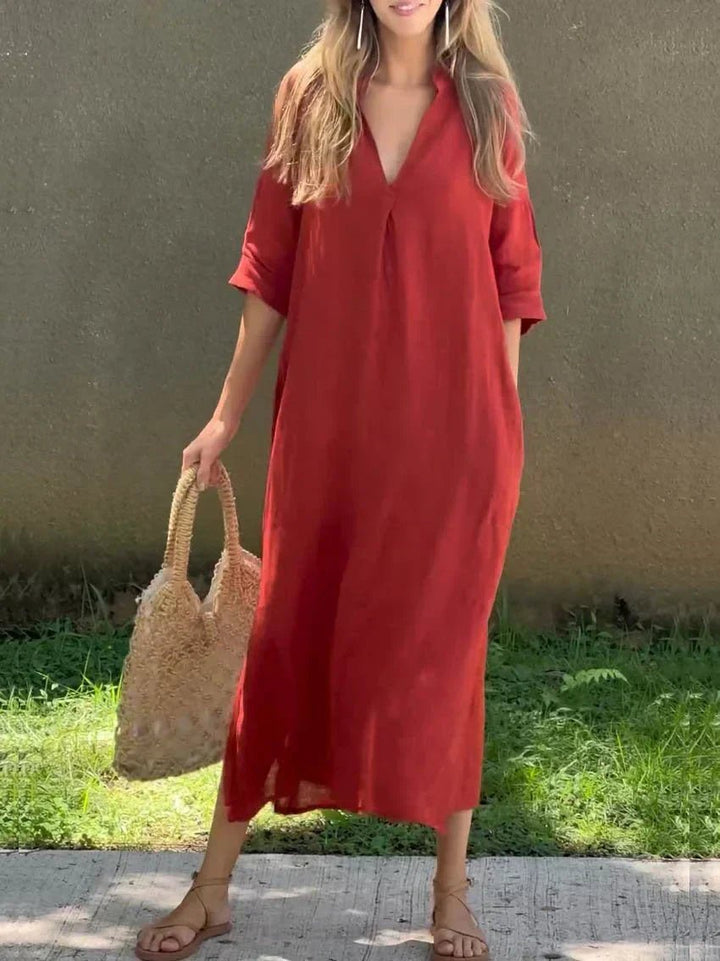 V-Neck Cotton Linen Maxi Dress